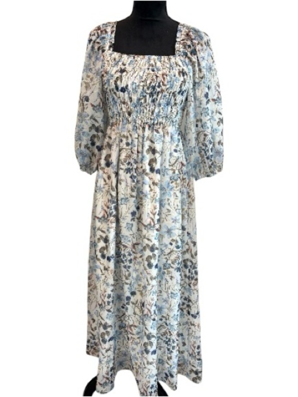 Smocked Square-Neck Maxi Dress in Blue Floral